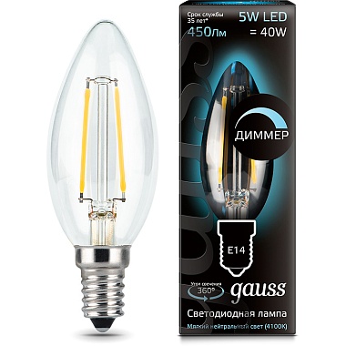 Лампа Gauss LED Filament свеча диммируемая E14 5W 4100К